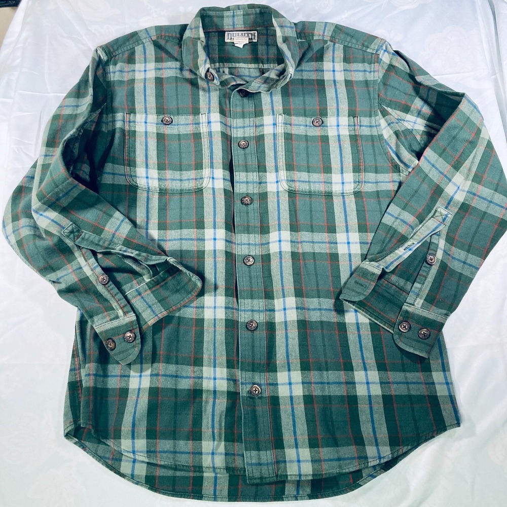 Duluth Trading Mens Green Plaid Long Sleeve Flannel Gorpcore Shirt Size Medium - Picture 2 of 7